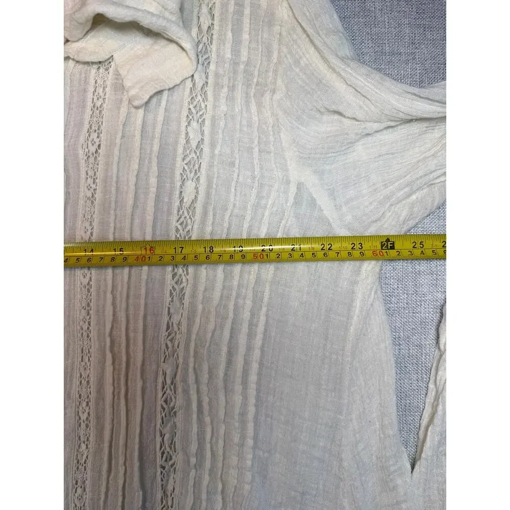 Free People XL Ivory Gauze Blouse Crochet Lace Pintuck Boho Button Up